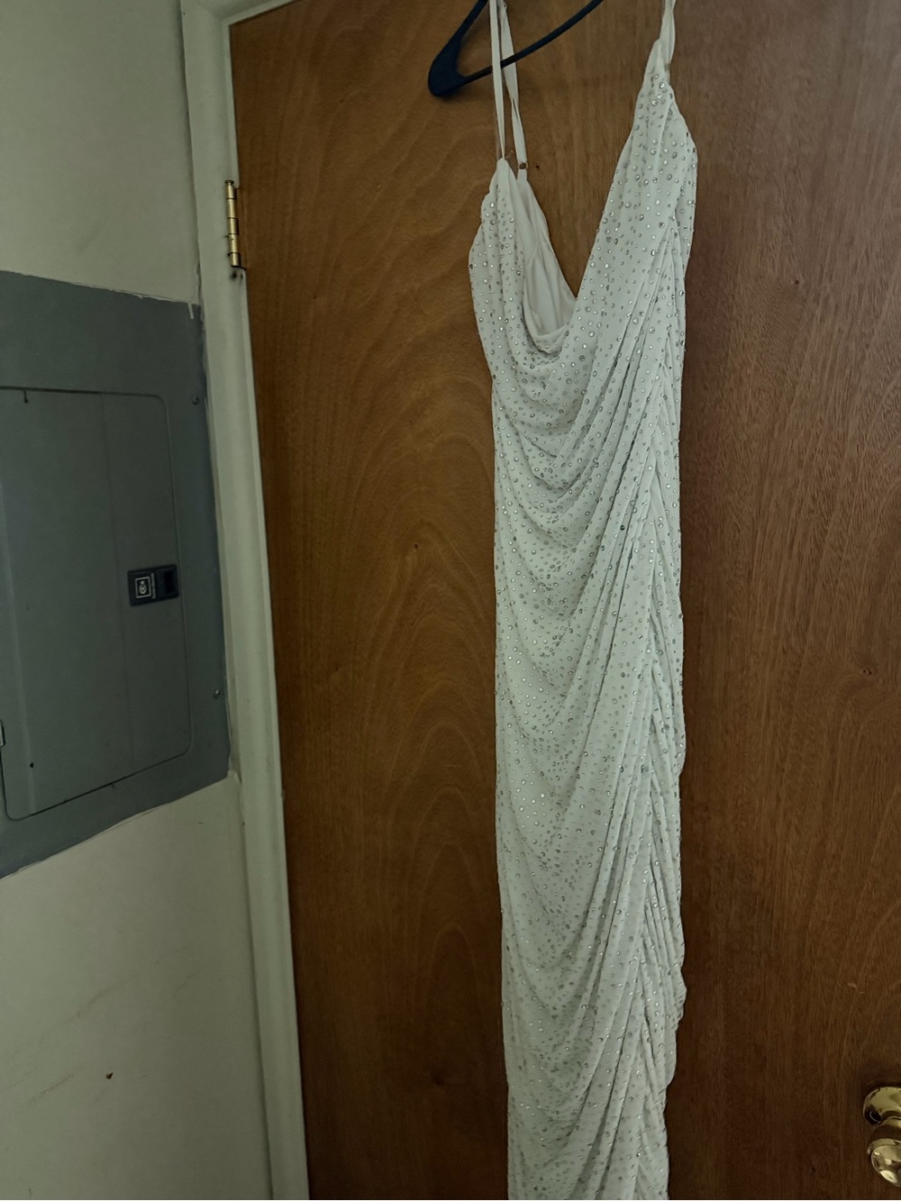 AKIRA White Beaded Ruched Cowl Slip Dress